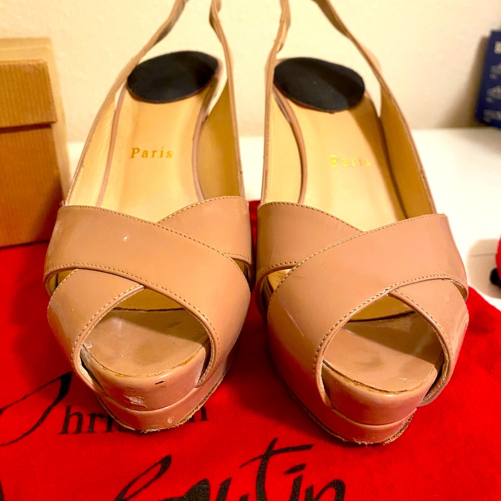 Christian Louboutin patent leather nude shoes